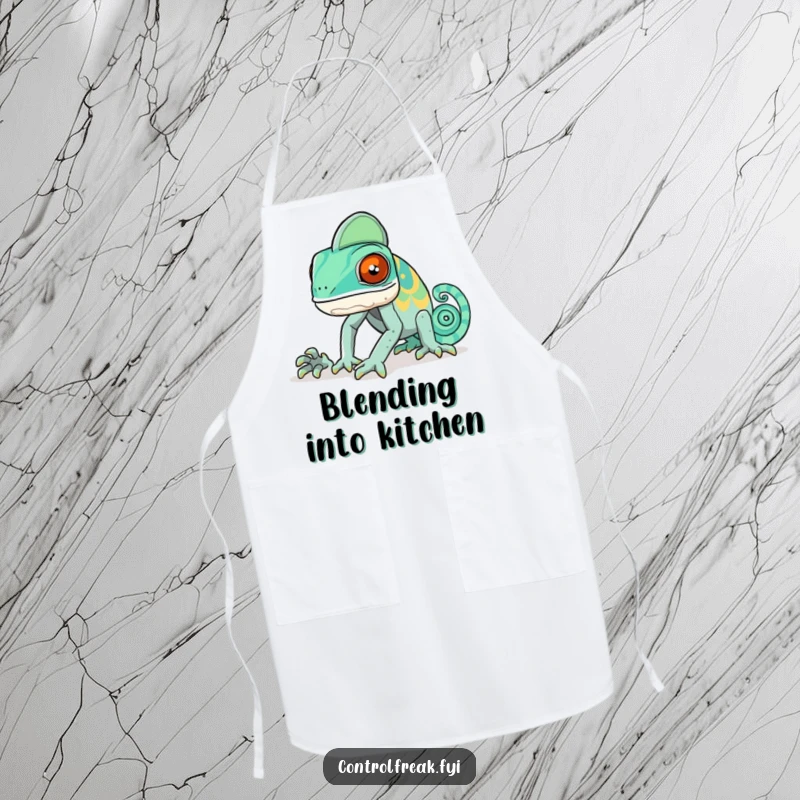 Funny chameleon apron featuring a chameleon trying and failing to match its skin colors to a complex culinary pattern.