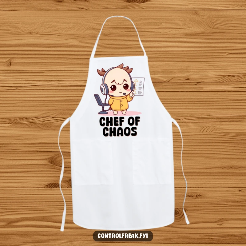 Funny apron with a character in an oversized headset, deterministically pointing at a flowchart, ideal for chefs who plan their meals.