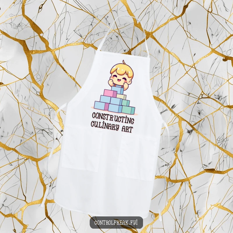 Funny apron with an excited character meticulously stacking perfectly aligned blocks, ideal for chefs who appreciate kitchen order.