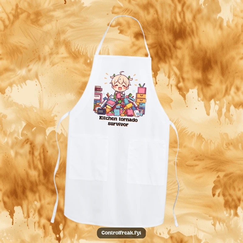 Funny Apron: Character enthusiastically organizing kitchen items amidst a playful mess, perfect for a humorous cooking experience.