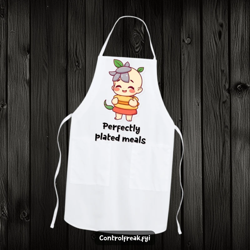 Funny character pleased with a perfectly balanced stack on this apron, bringing precision and humor to cooking.