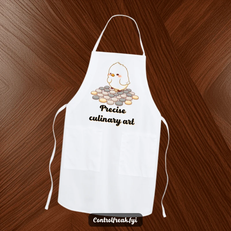 Funny Apron: A small, fluffy bird meticulously arranges pebbles into perfect geometric patterns while wearing an apron.