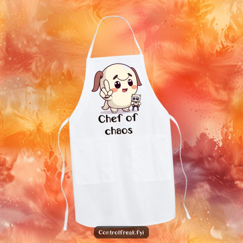 Funny apron showing a cartoon character pointing with dramatic flair, commanding a miniature toy, adding humor to cooking and kitchen tasks.