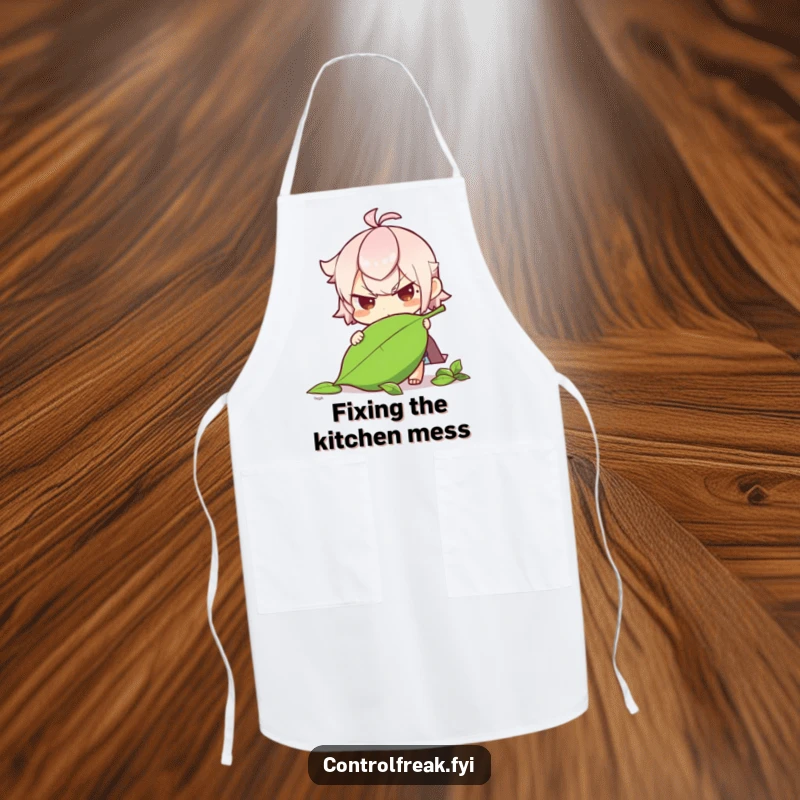 Funny character determinedly straightening a fallen leaf on this apron, bringing purpose and humor to gardening.