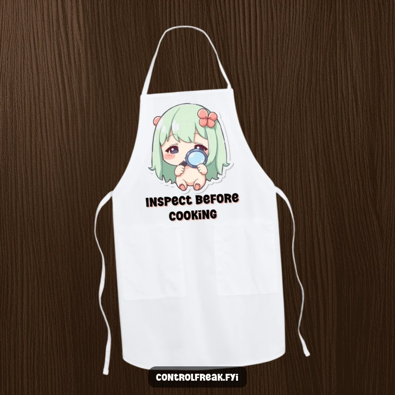 Funny Kawaii character apron, using a magnifying glass to inspect kitchen details, adding humor to cooking.