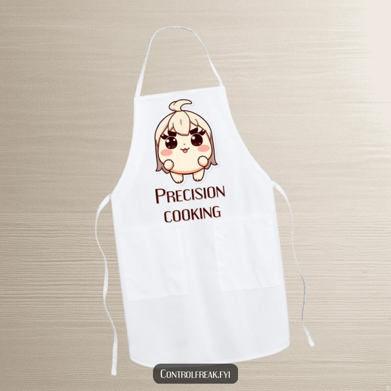 Funny Kawaii character apron, with raised eyebrows, ensuring precision in the kitchen, adding culinary humor.