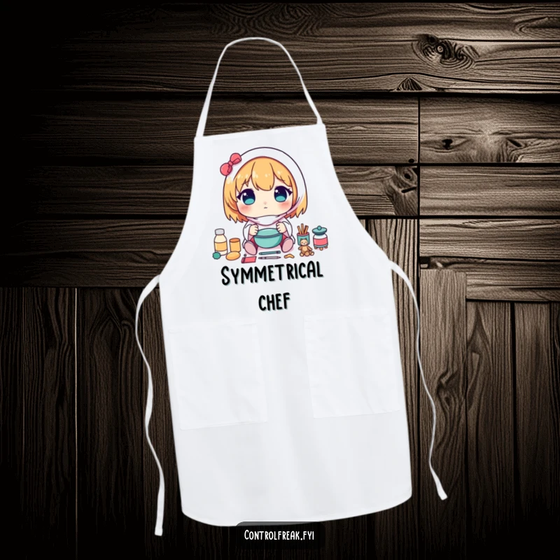 Funny apron featuring a kawaii character carefully arranging items in a perfectly symmetrical pattern, ideal for balanced cooking.