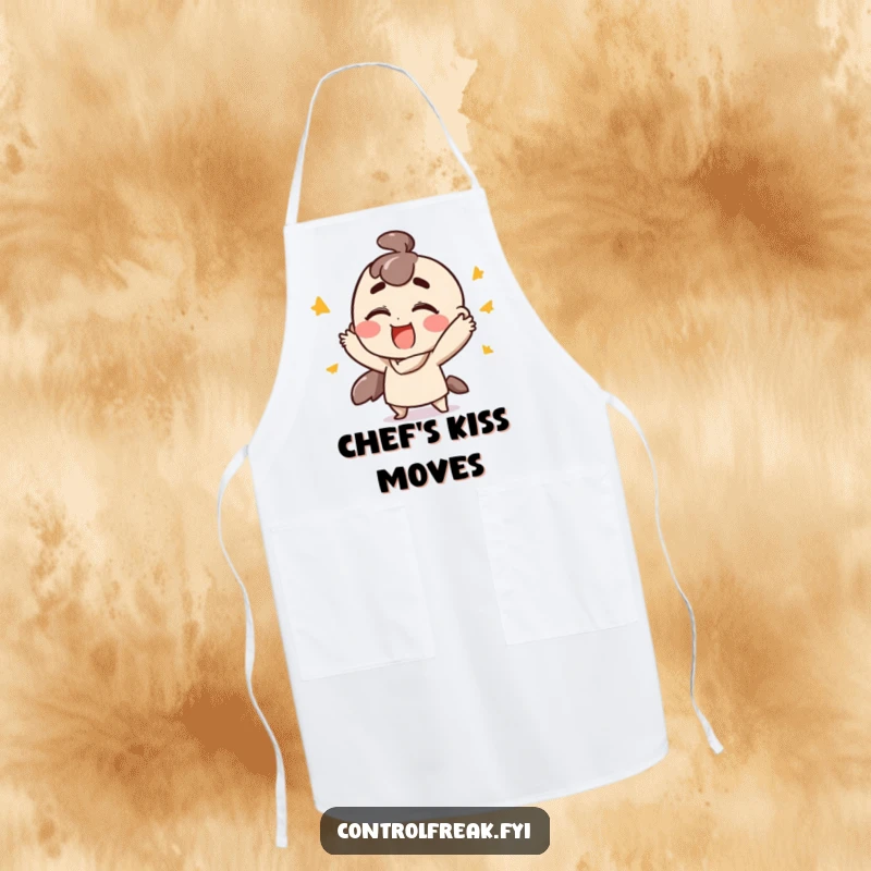 Funny kitchen apron with a character performing fast, ordered gestures with extreme satisfaction, celebrating culinary wins, a humorous chef's gift.