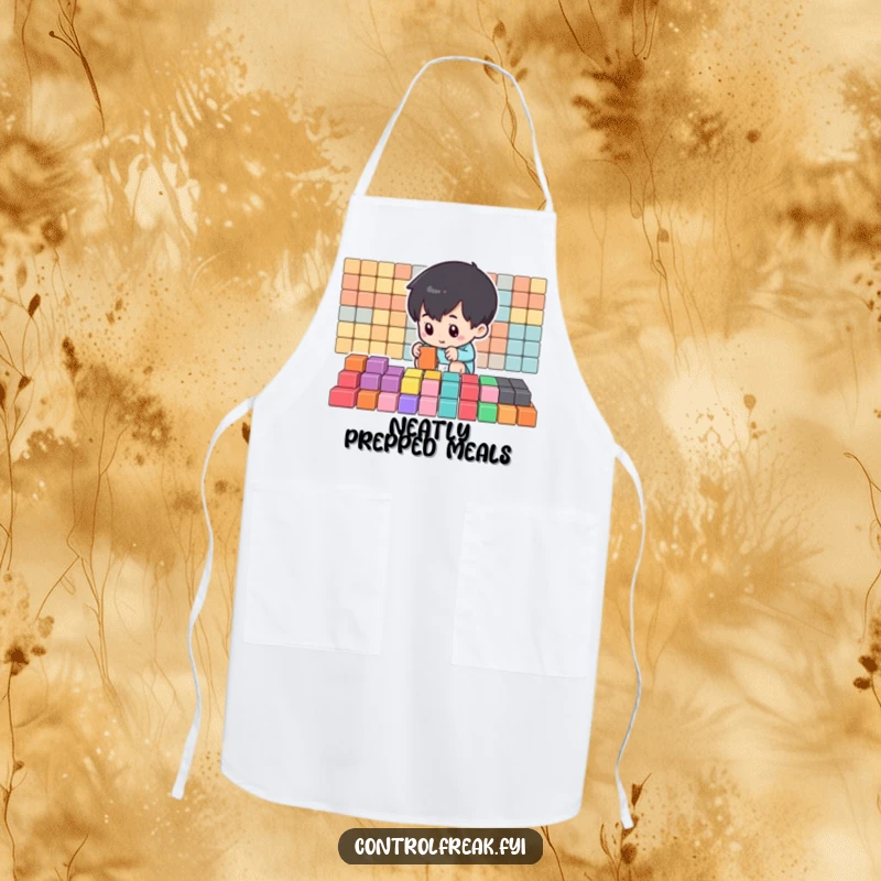 Funny Apron depicting a small character meticulously arranging colorful blocks into perfect rows, ideal for kitchen order and humor.