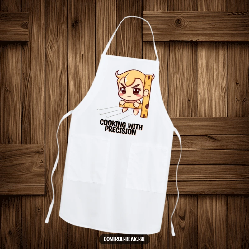 Funny Apron: Character using a ruler to measure imaginary culinary lines with intense focus and a quirky grin. A fun funny gift.
