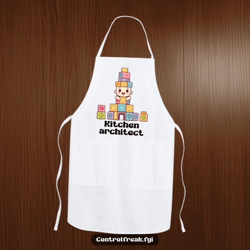 Funny apron featuring a happy character building a perfectly symmetrical tower of blocks, ideal for kitchen precision.