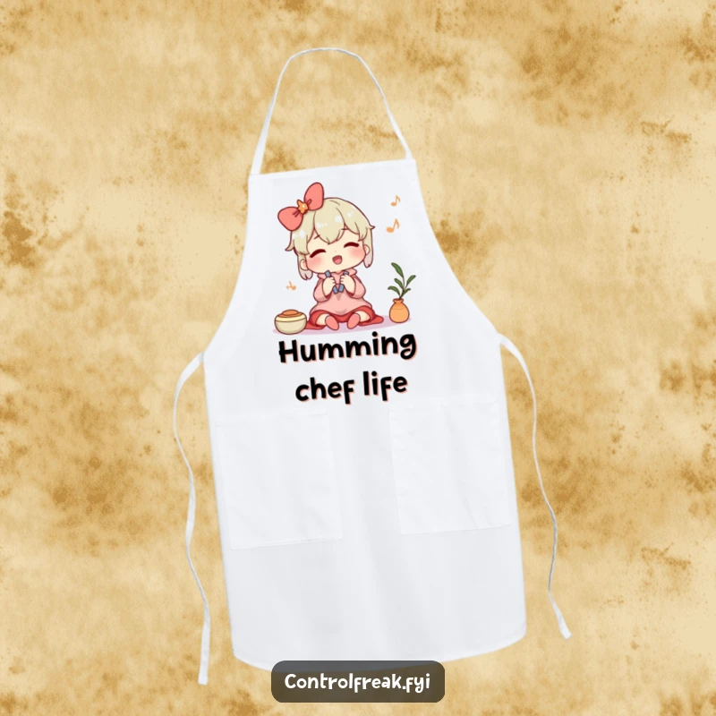 Funny apron featuring a character humming contentedly while tidying, perfect for kitchen or household duties with a peaceful and cheerful vibe. A practical accessory.