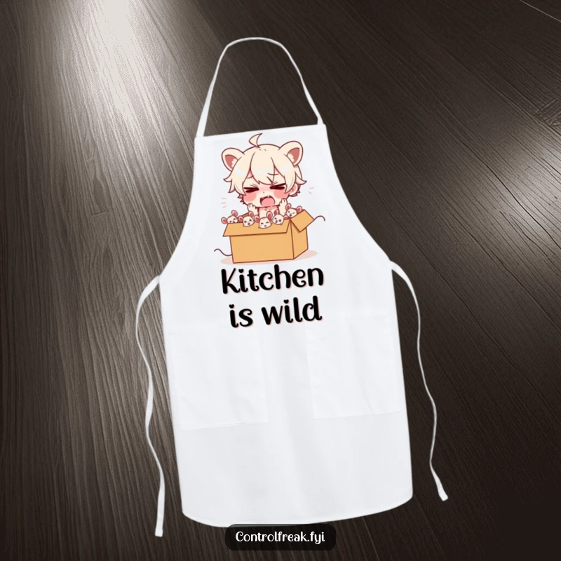 Funny apron with a frazzled character, energetically herding cartoon mice into a box, ideal for cooks who embrace kitchen mayhem.