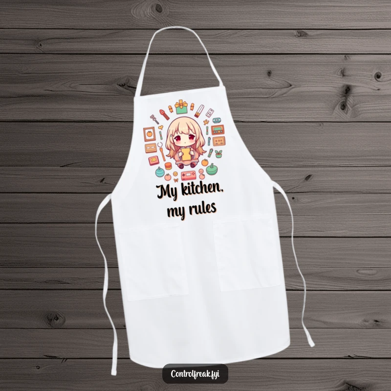 Funny Apron showing a character happily arranging kitchen items in a perfect symmetrical pattern, ideal for cooking with humor.
