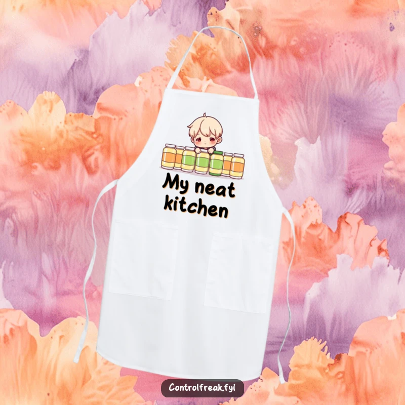 Funny Apron: Character playfully adjusting a perfectly aligned row of kitchen tools, a humorous accessory for culinary fun.