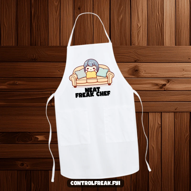 Funny cute character aligning sofa pillows, designed on a protective and humorous apron.