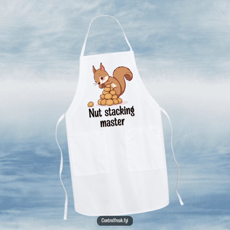 Funny squirrel apron featuring a squirrel meticulously building a nut pyramid, perfect for a precise and humorous cook.