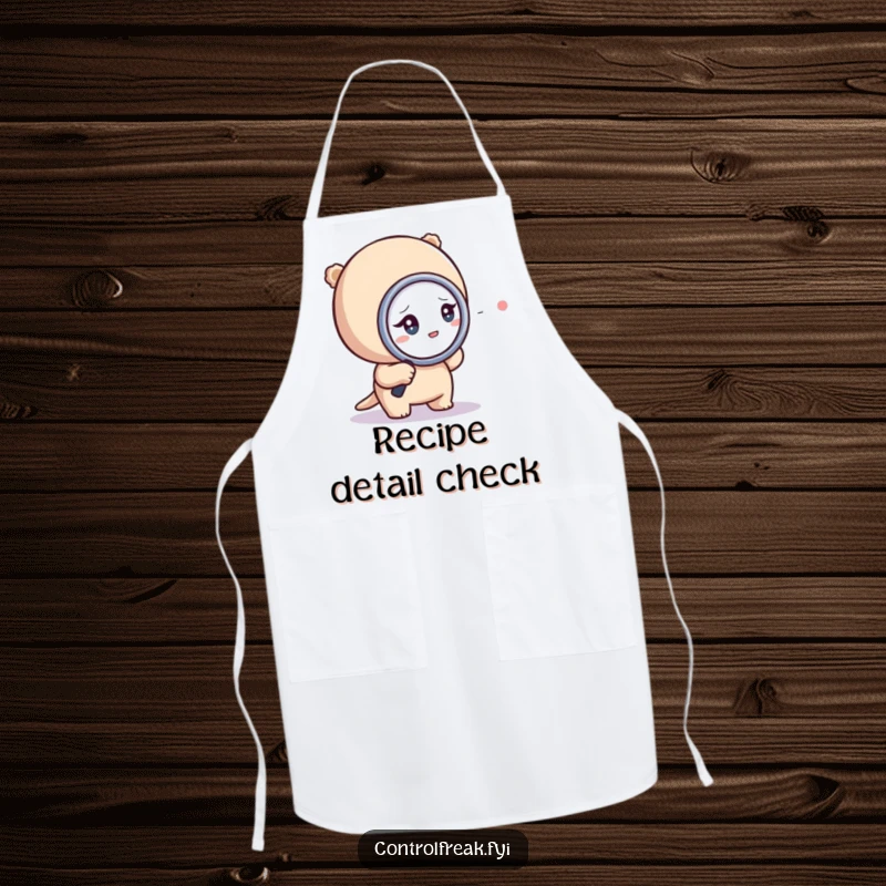 Funny apron with a tiny character obsessively pointing a magnifying glass at a dot, perfect for precise chefs.
