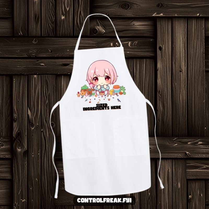 Funny Apron depicting a character meticulously sorting tiny items by precise size, ideal for kitchen accuracy and humor.