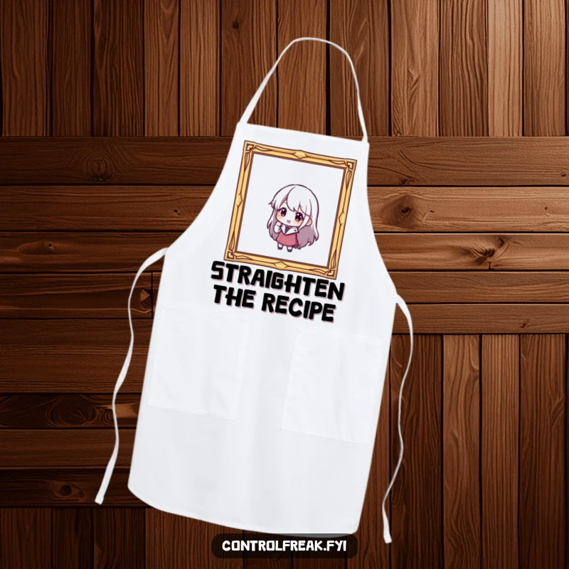 Funny apron: A character is carefully adjusting a slightly tilted picture frame, symbolizing attention to detail in any setting.