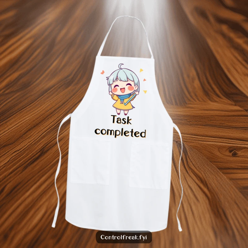 Funny apron with a chef character joyfully checking off a list with a flourish, ideal for organized and humorous cooking.