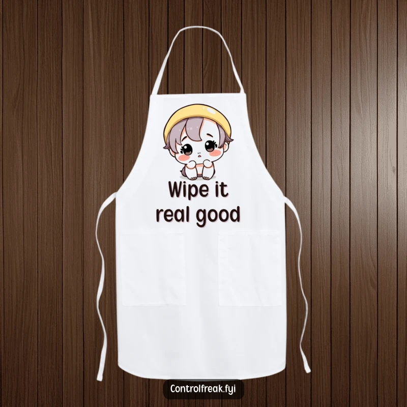 Funny apron: A cute character meticulously wipes a single, perfect geometric circle, symbolizing extreme neatness in the kitchen.