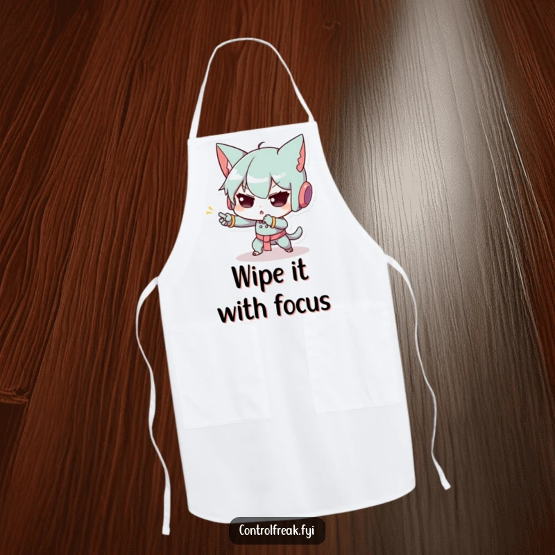 Funny kitchen apron featuring a character with exaggerated concentration, performing a tiny, precise culinary task with extreme focus, a humorous chef's gift.