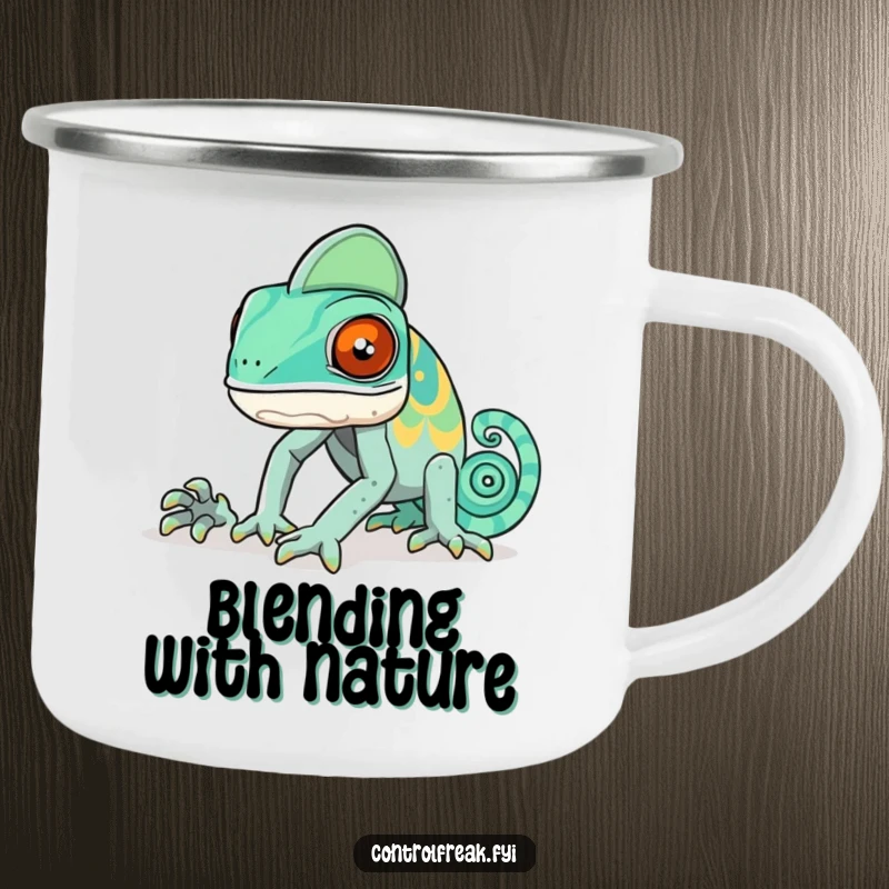 Funny chameleon camping mug of a chameleon comically failing to blend into a nature pattern, perfect for adventurers.