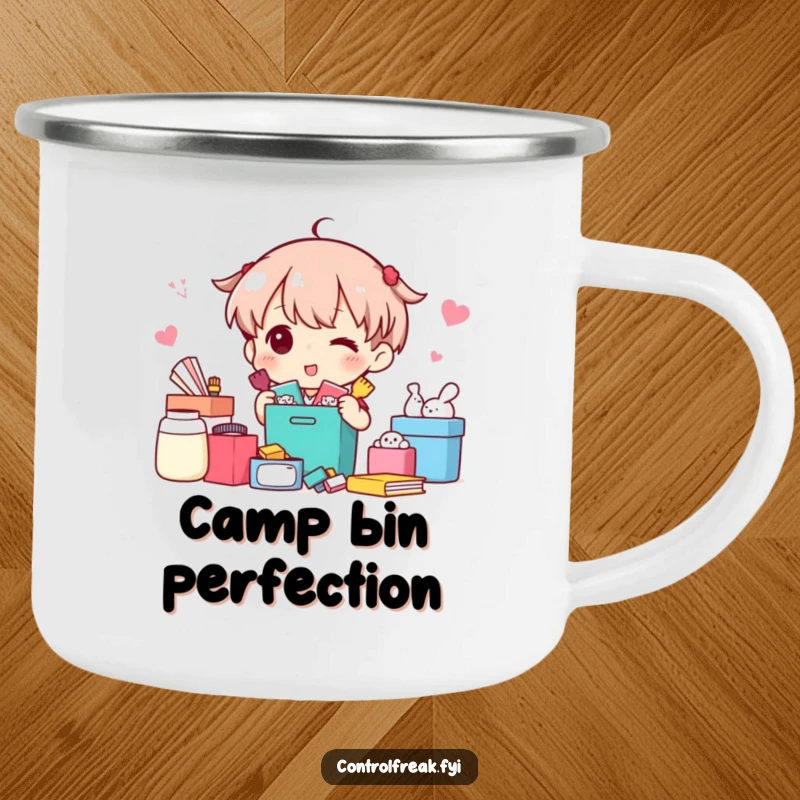 Funny Camping Mug: Character happily sorting camping gear into neat categories, a humorous and durable mug for tidiness.