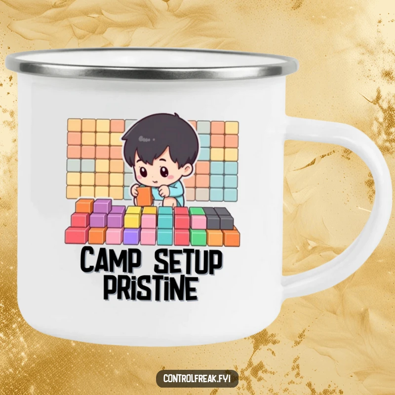 Funny Camping Mug with a small character arranging colorful blocks into perfect rows, perfect for organized outdoor trips and humor.