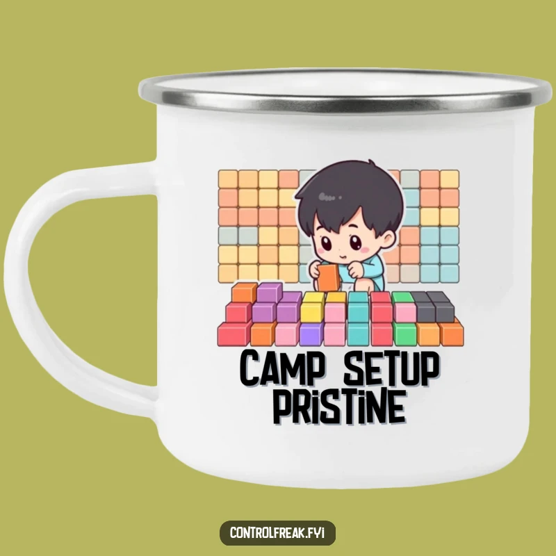 Funny Organizer Camping Mug: Adventure with Small Character Arranging Blocks, Rugged Funny Gift