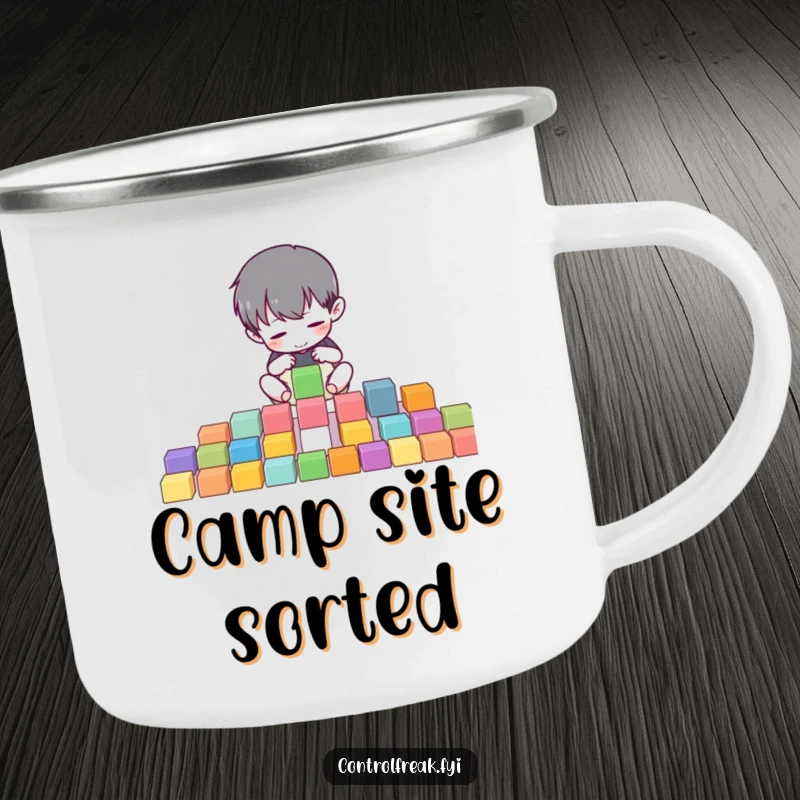 Funny camping mug with a small character meticulously organizing colorful blocks into perfect rows, perfect for orderly outdoor enjoyment.