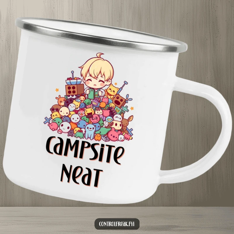Funny camping mug with a character tidying a chaotic pile of toys into perfect order, symbolizing organized outdoor living.