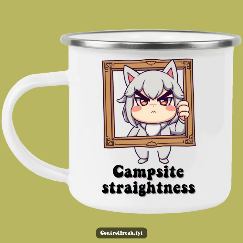 Funny Enamel Camping Mug: Stern Playful Framer, Outdoor Decor Humor Gift