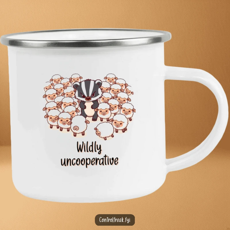 Funny Camping Mug: A grumpy badger tries to herd a flock of very disorganized, scattered sheep in a wilderness setting.