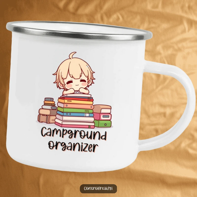 Funny camping mug featuring a character stacking items, perfect for keeping things tidy during outdoor adventures.