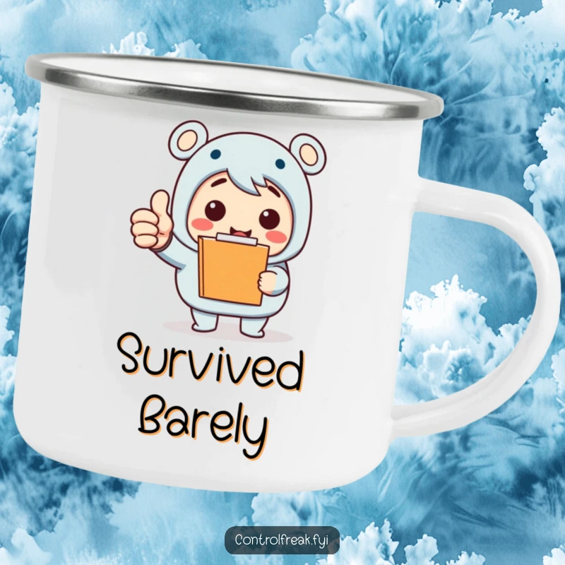 Funny Camping Mug: Enthusiastic character with clipboard gives a thumbs-up, perfect for celebrating campsite tasks. Rugged funny gift.