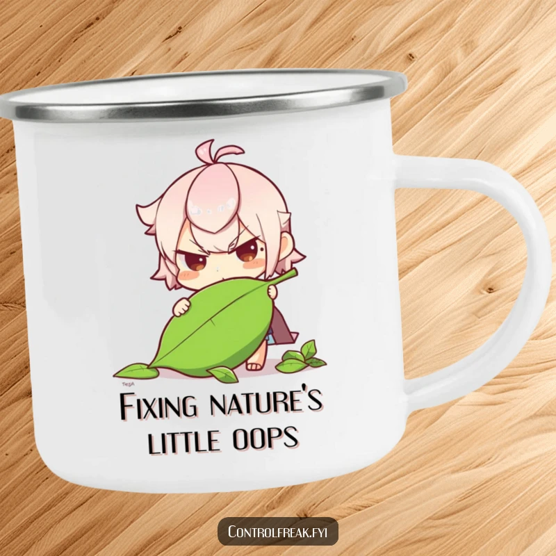 Funny character determinedly straightening a fallen leaf on this camping mug, perfect for outdoor nature appreciation.