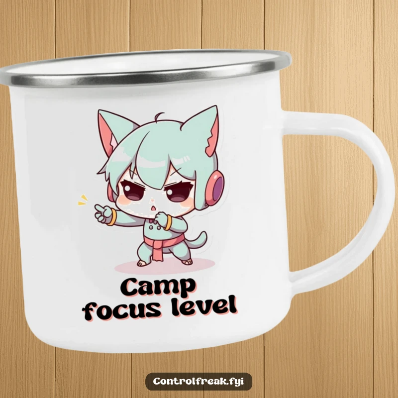 Funny enamel camping mug showing a character with exaggerated concentration, performing a tiny, precise movement in the great outdoors, a humorous gift.