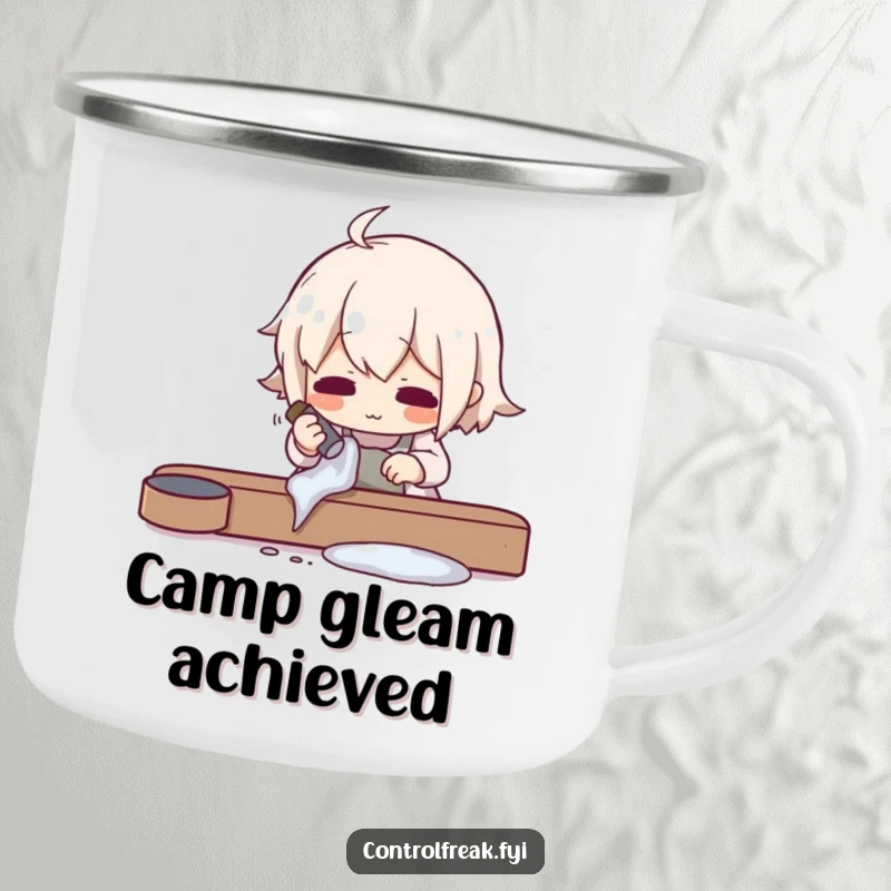Funny enamel camping mug with a character meticulously polishing an object to an impossible shine, celebrating outdoor gleam, a humorous gift.