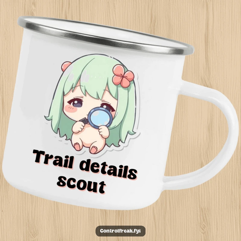 Funny Kawaii character camping mug, inspecting a tiny detail with a magnifying glass, for curious outdoor enthusiasts.