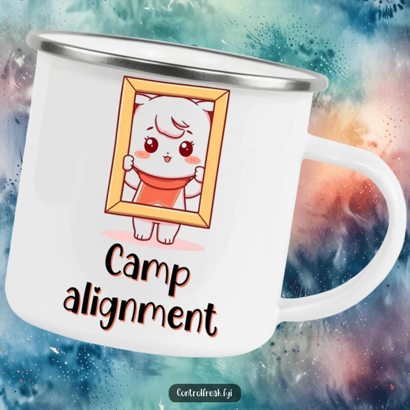 Funny Kawaii character camping mug, straightening a crooked picture frame, for meticulous outdoor enthusiasts.