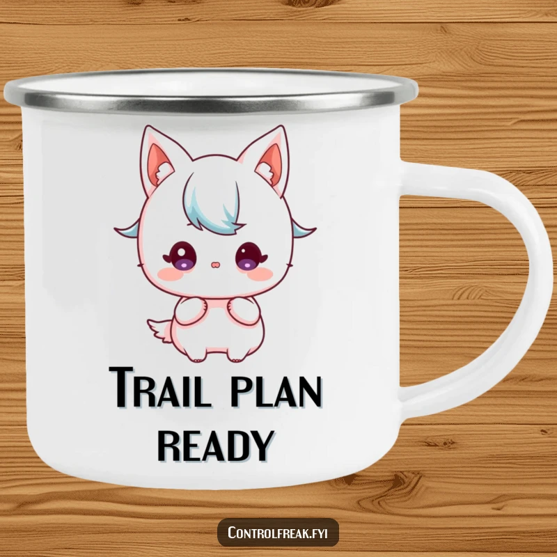 Funny Kawaii character camping mug, focused gaze on a detailed blueprint, ready for outdoor planning.
