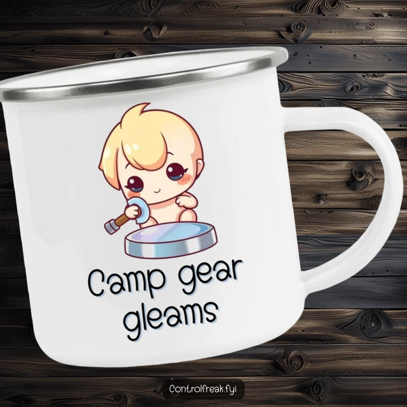 Funny Kawaii character camping mug, meticulously polishing a shiny object to a brilliant sheen, for outdoor use.