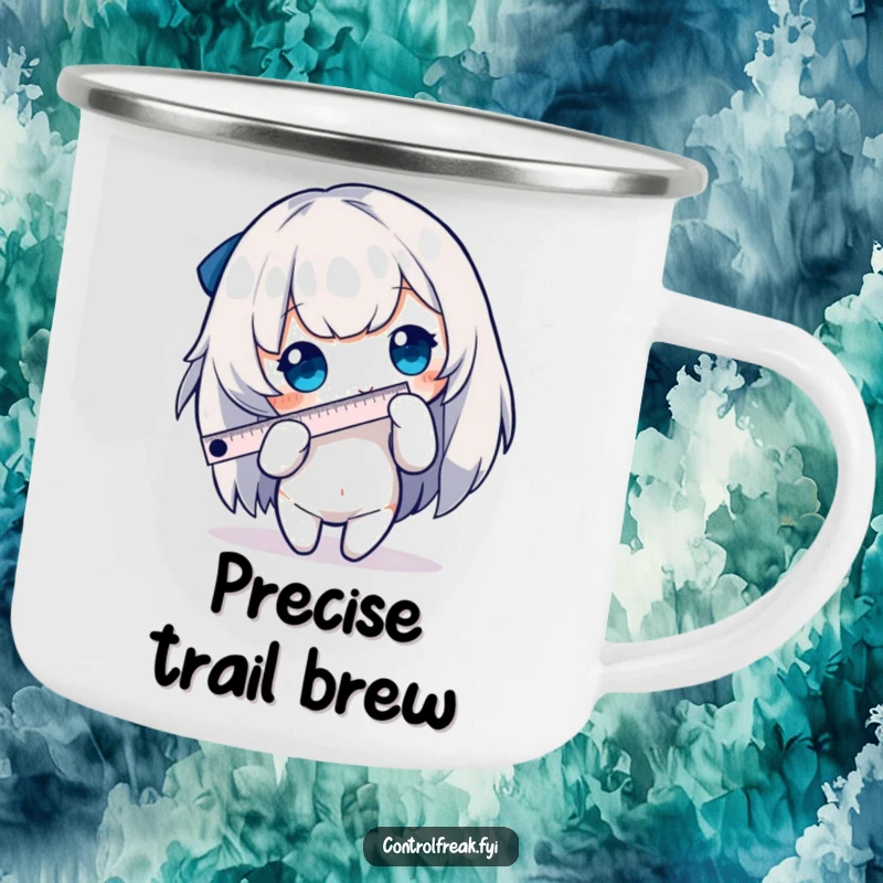 Funny character camping mug showing precise measurement with a tiny ruler, designed for outdoor adventures and detailed humor.