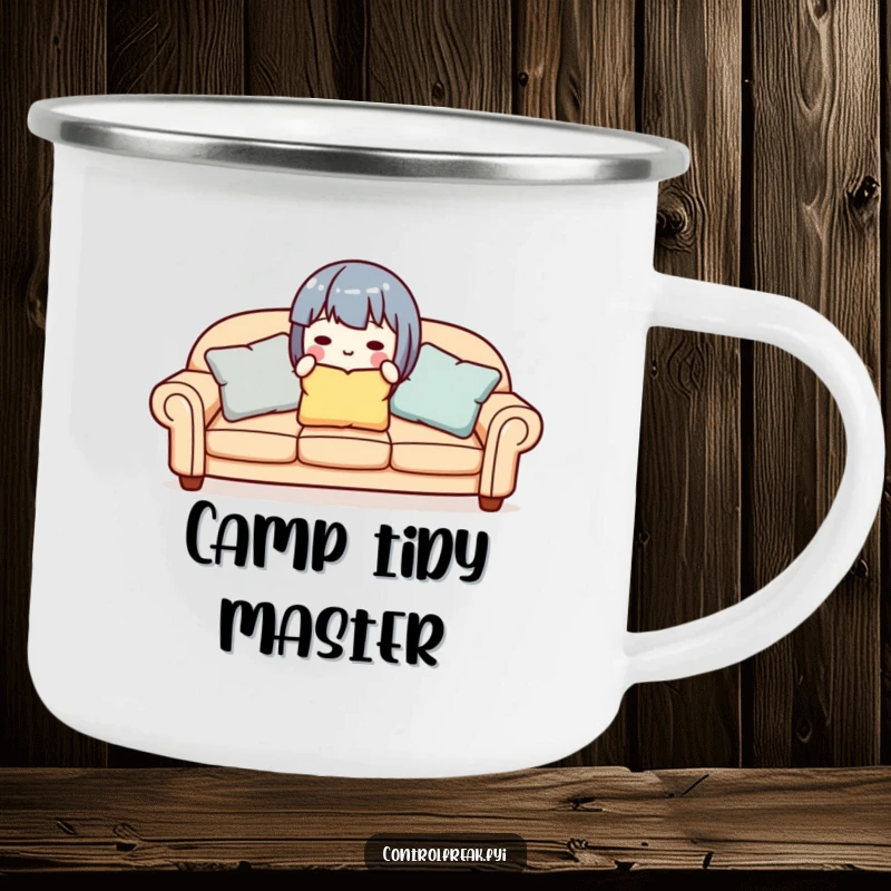Funny cute character aligning sofa pillows, on a durable camping mug for organized adventures.