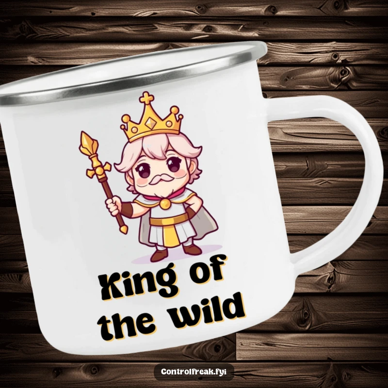 Funny camping mug featuring a character with a tiny crown and scepter in a proud, regal pose, perfect for outdoor humor.