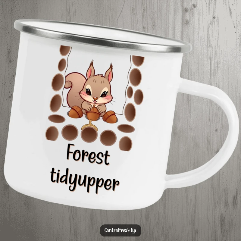 Funny camping mug with a determined squirrel character humorously organizing acorns into precise holes, perfect for outdoor enthusiasts.