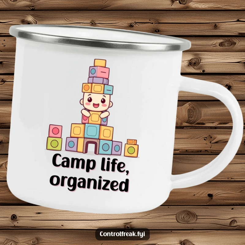 Funny camping mug featuring a happy character building a perfectly symmetrical tower of blocks, for balanced outdoor enjoyment.