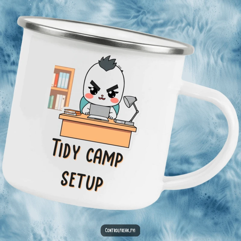 Funny character camping mug showing a stern but happy look while overseeing a tidy desk, designed for outdoor adventures and organized humor.
